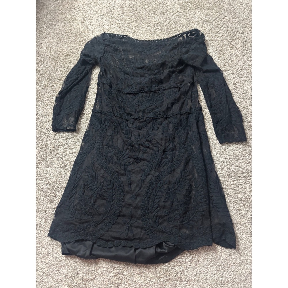 Express Black Floral Lace Long Sleeve Boat Neck Mini Dress Small
